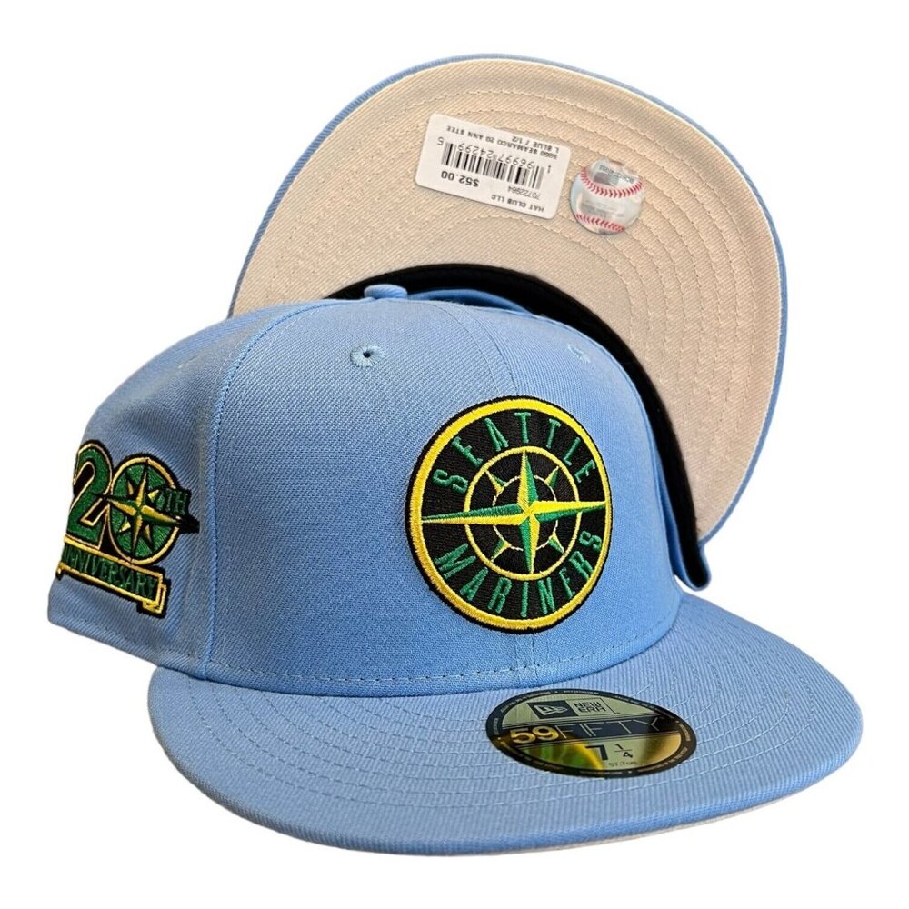 New Era Seattle Mariners  59FIFTY Fitted Hat Cap Light Blue 20 Year Patch